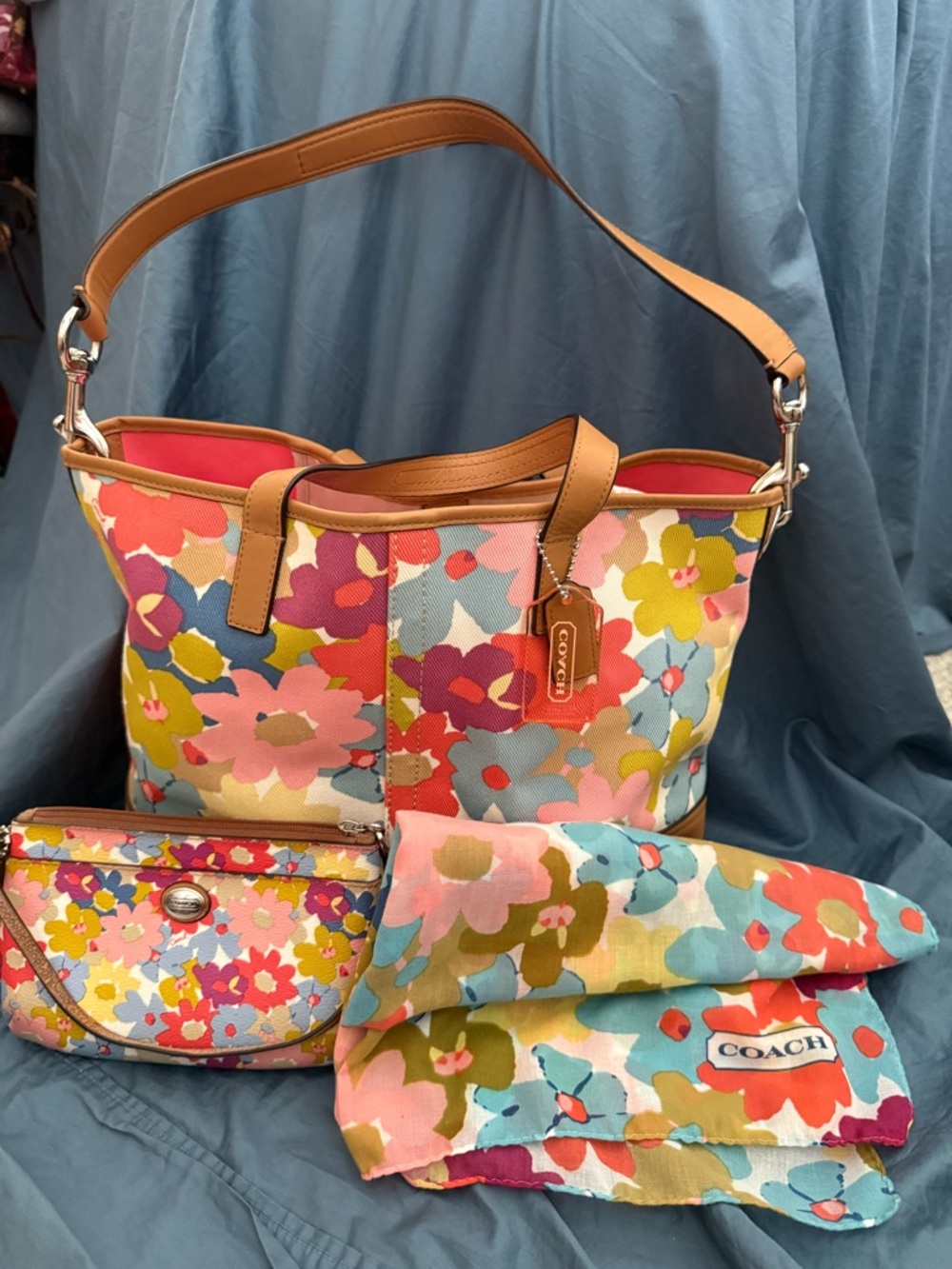 Coach Multi-Color Floral Canvas Tote with Tan Trim